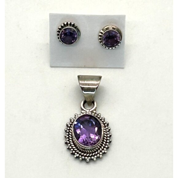 Sterling Silver Amethyst Pendant Earrings Set February Birthstone Minimalist - Picture 2 of 9